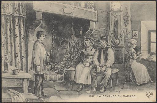 Marais breton vendéen. - Une demande en mariage (vue 1) et les cadeaux offerts aux mariés maraîchins (vue 2).